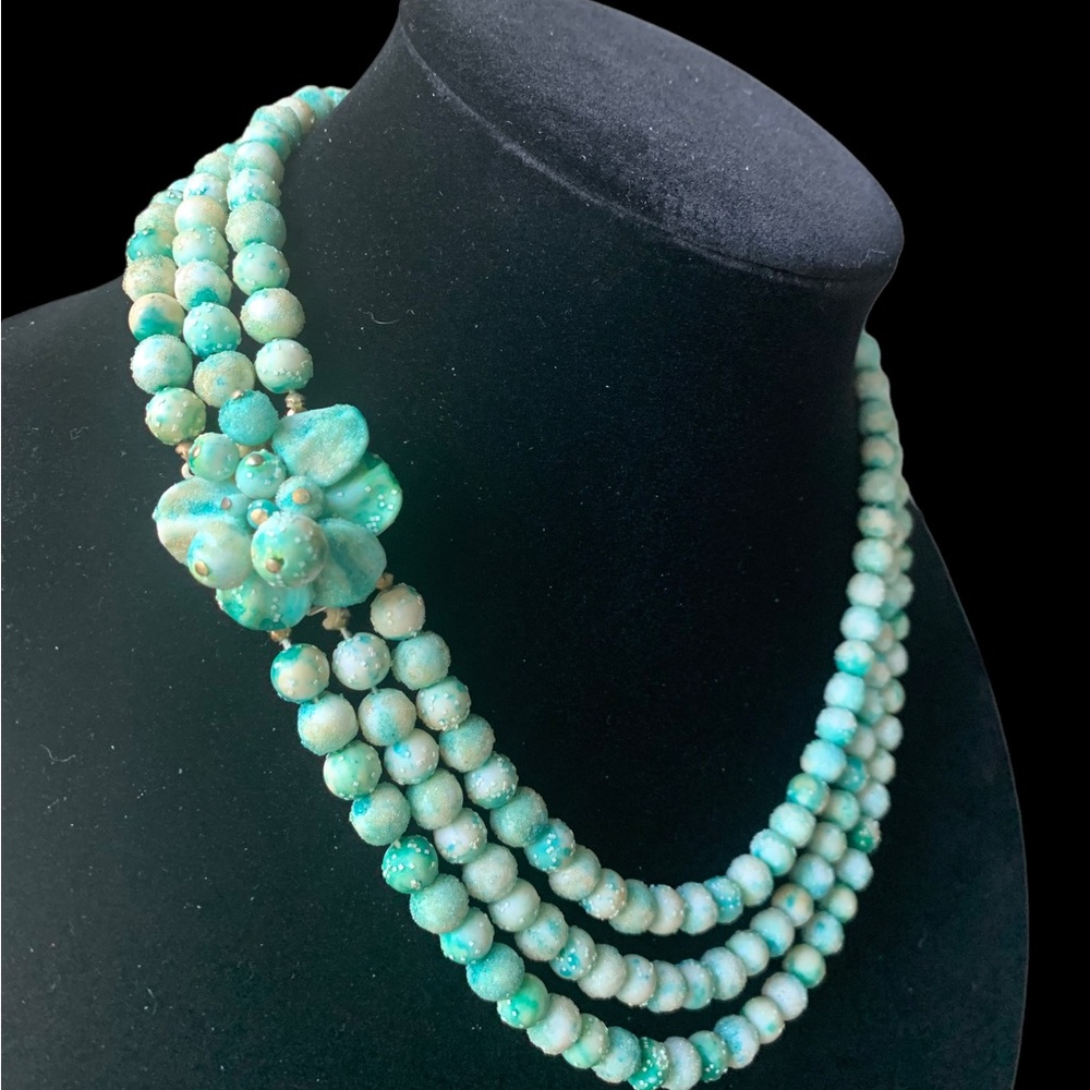 Popcorn confetti plastic pearl necklace turquoise color made in Hong Kong 19inch